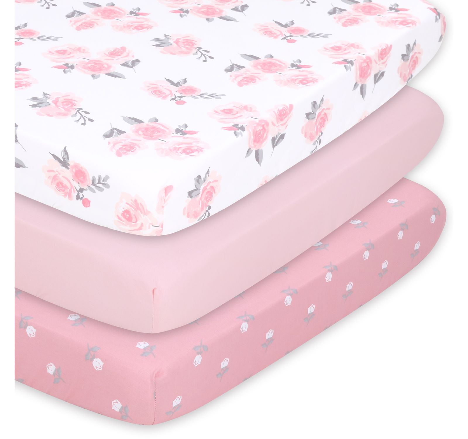 The Peanutshell Pack n Play, Mini Crib, Portable Crib or Fitted Playard Sheets for Baby Girl, Pink Roses and Ditsy Floral, 3 Pack Set