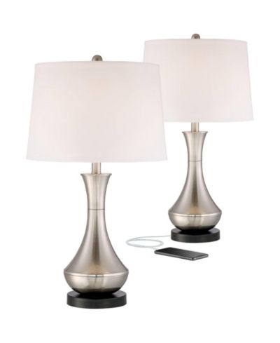 Настольные лампы 360 Lighting Simon Modern 25 1/2" High Set of 2 Brushed Nickel с USB Charging Port и белым тканевым абажуром