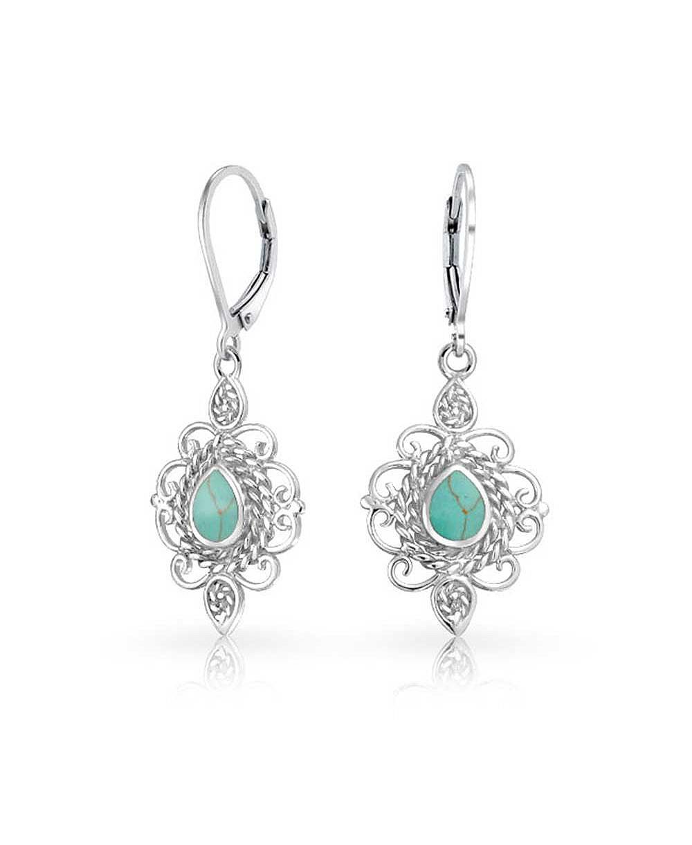 Bling Jewelry Vintage Style Filigree Turquoise Dangle Earrings Lever Back Sterling Silver