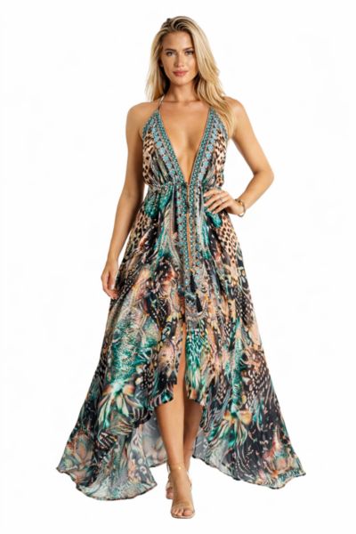 La Moda Clothing Women's Maxi Abstract Print Halterneck Dress