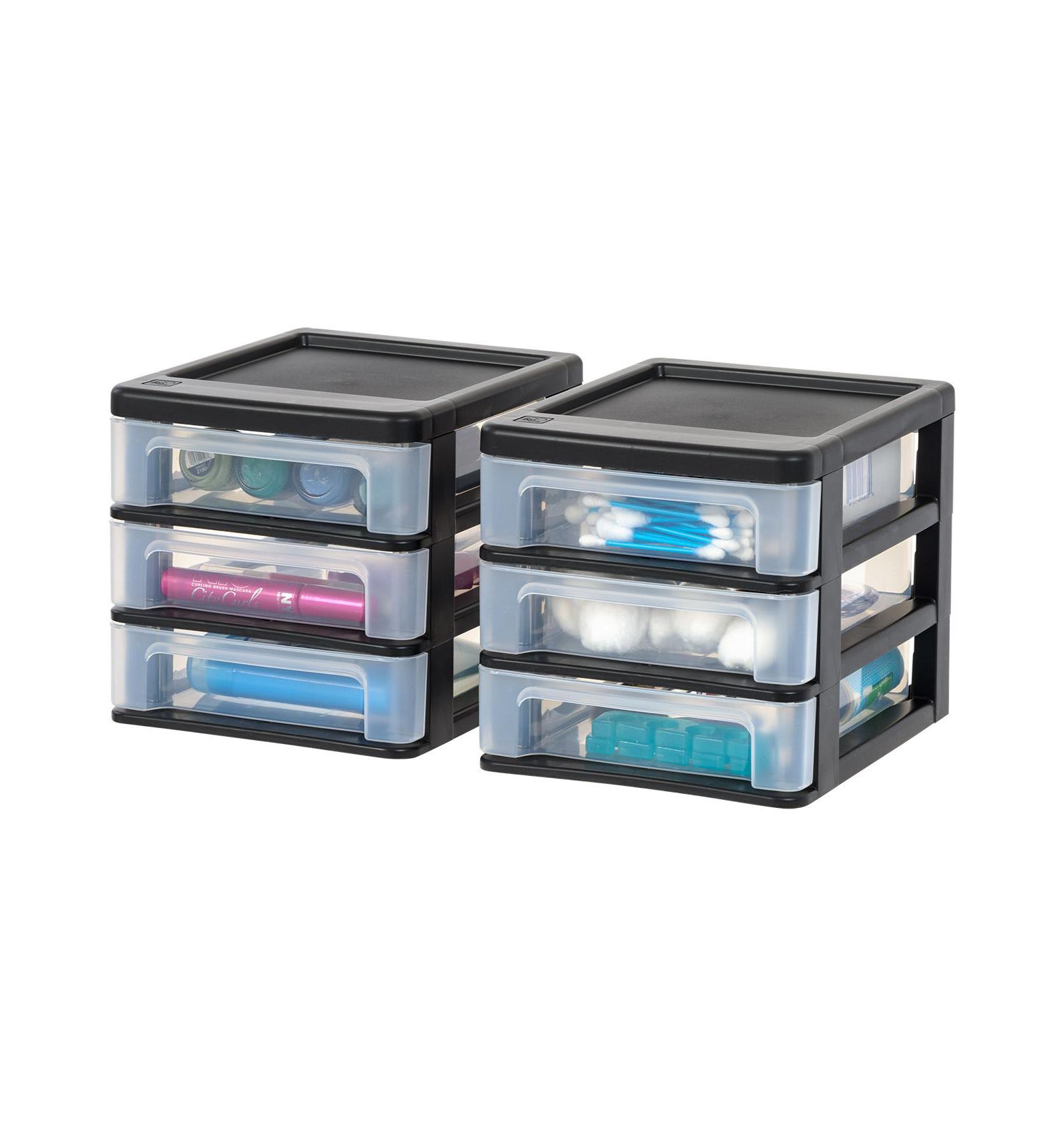 IRIS USA Small 3-Drawer Plastic Desktop Organizer, 2 Pack, Stackable Office School Stationery Makeup Bathroom Utility Medical Supplies, Black