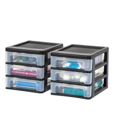 IRIS USA Small 3-Drawer Plastic Desktop Organizer, 2 Pack, Stackable Office School Stationery Makeup Bathroom Utility Medical Supplies, Black