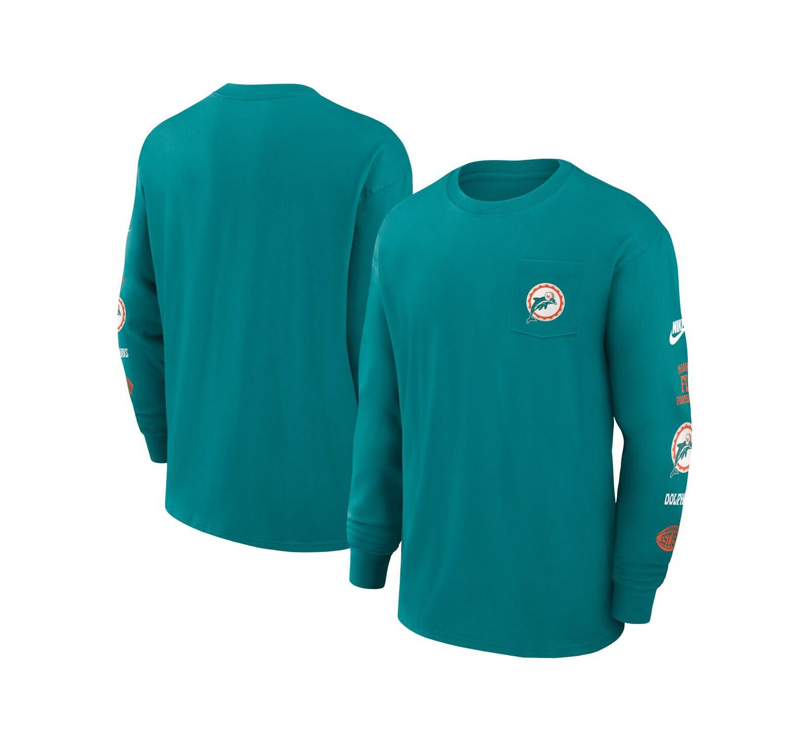 Мужская футболка Nike Aqua Miami Dolphins Rewind Heavy Max 90 Pocket Long Sleeve