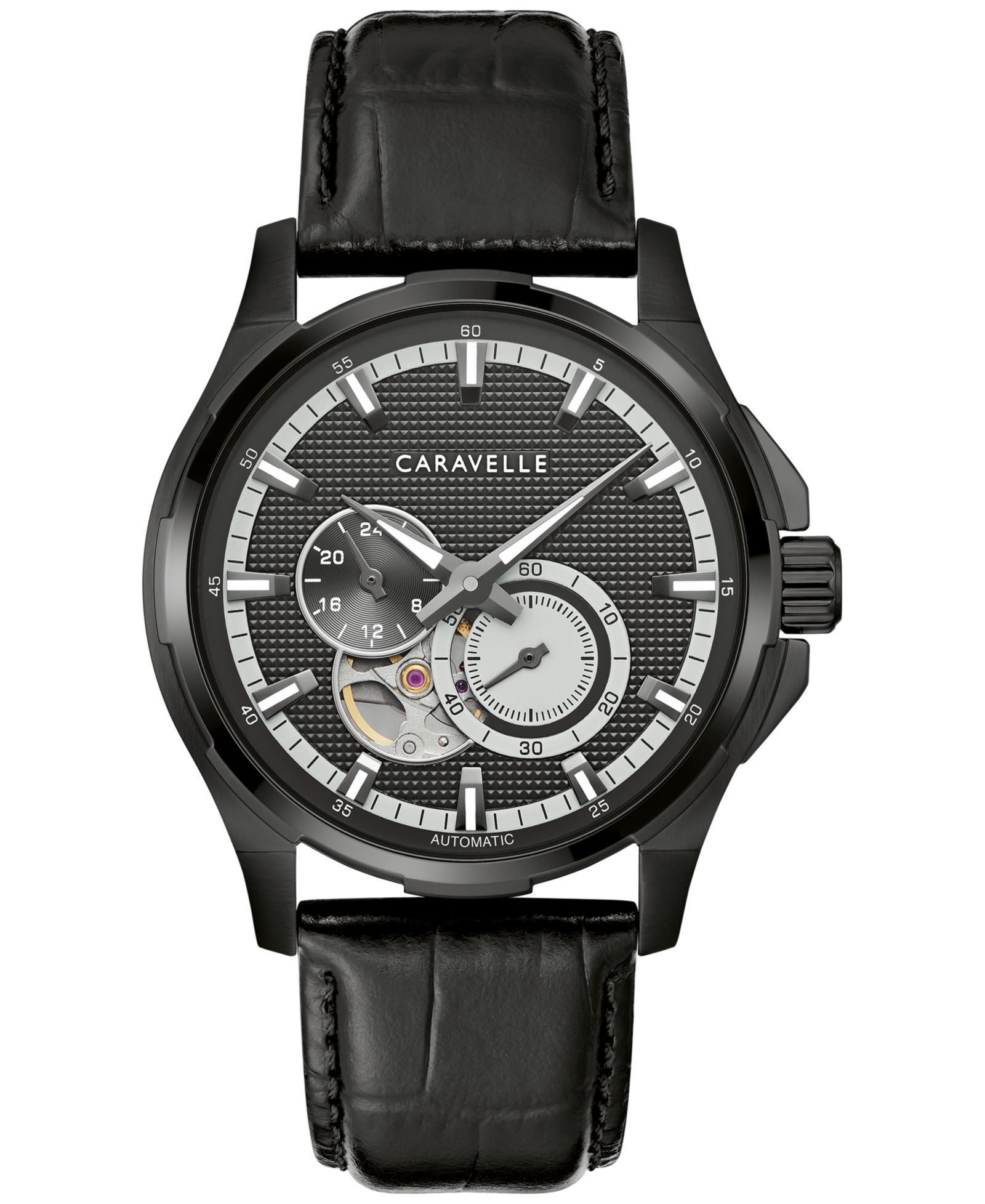 Мужские часы Caravelle Automatic с черным кожаным ремешком 42mm