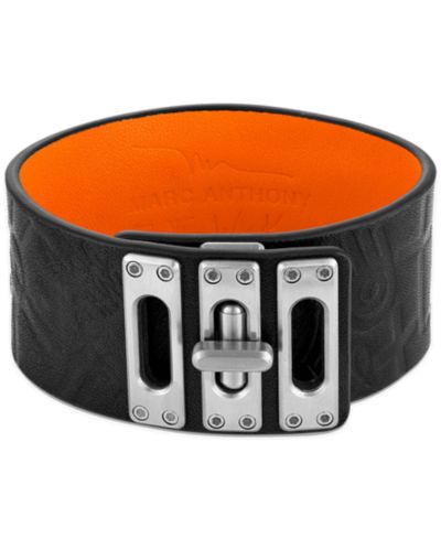 Bulova Marc Anthony Men's Black Leather Strap Bracelet in Sterling Silver, BVB1154-BOSTNA