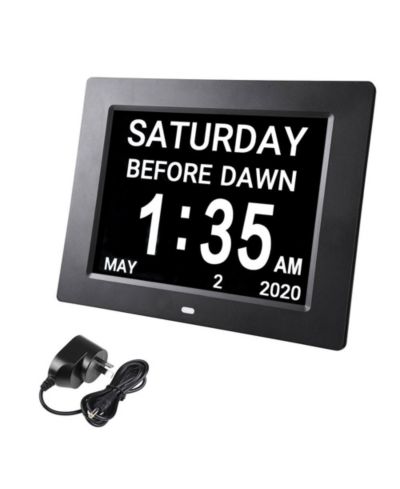 Yescom 8" Large Digital LCD Day Clock 6-Alarm Dimmable Calendar Dementia Home Wall Table Black