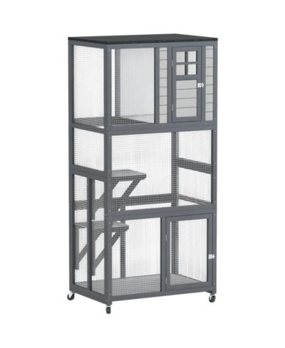 PawHut 74" Wooden Outdoor Cat House Catio Outdoor Cat Enclosure, Dark