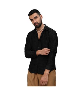 Campus Sutra Men's Midnight Black Self-Design Wave Shirt