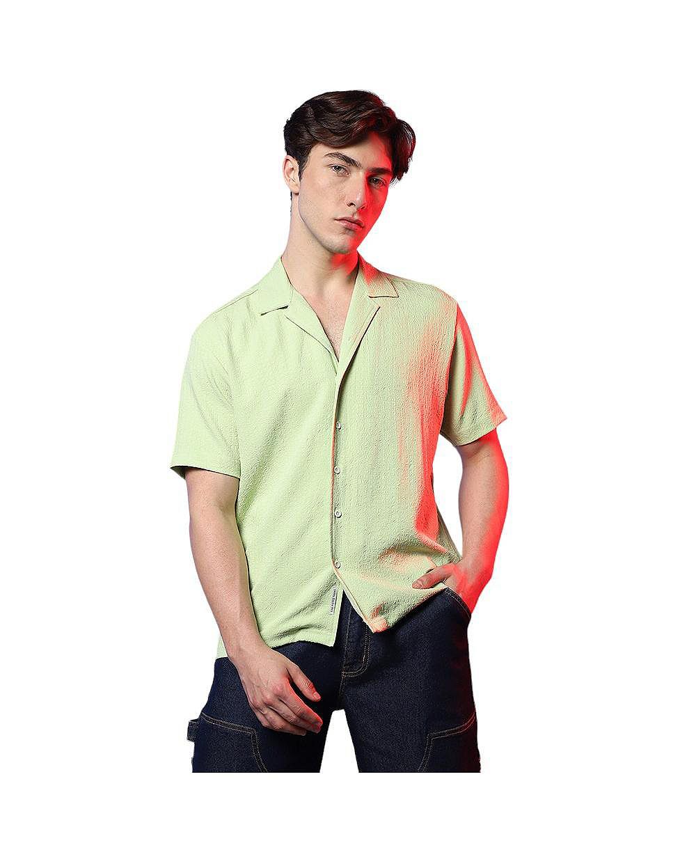 Campus Sutra Men's Lime Green Self-Design Creased Box Shirt