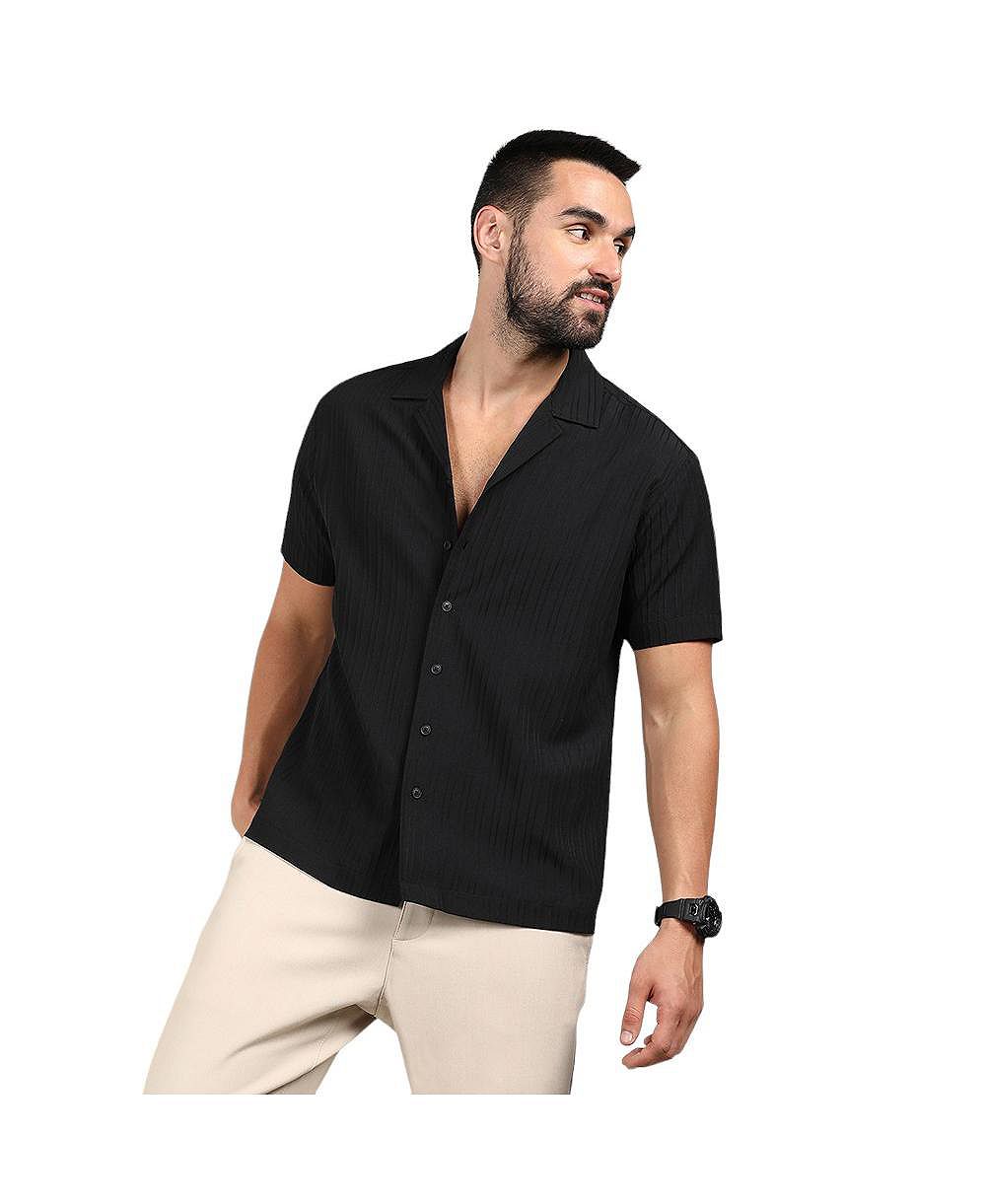 Campus Sutra Men's Charcoal Black Self-Design Striped Shirt