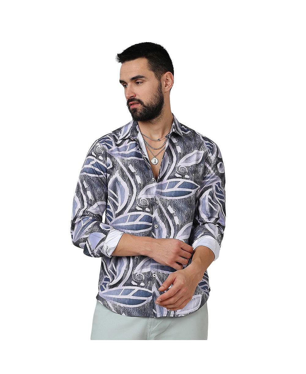 Campus Sutra Men's Charcoal Grey & Prussian Blue Marble Foliage Shirt
