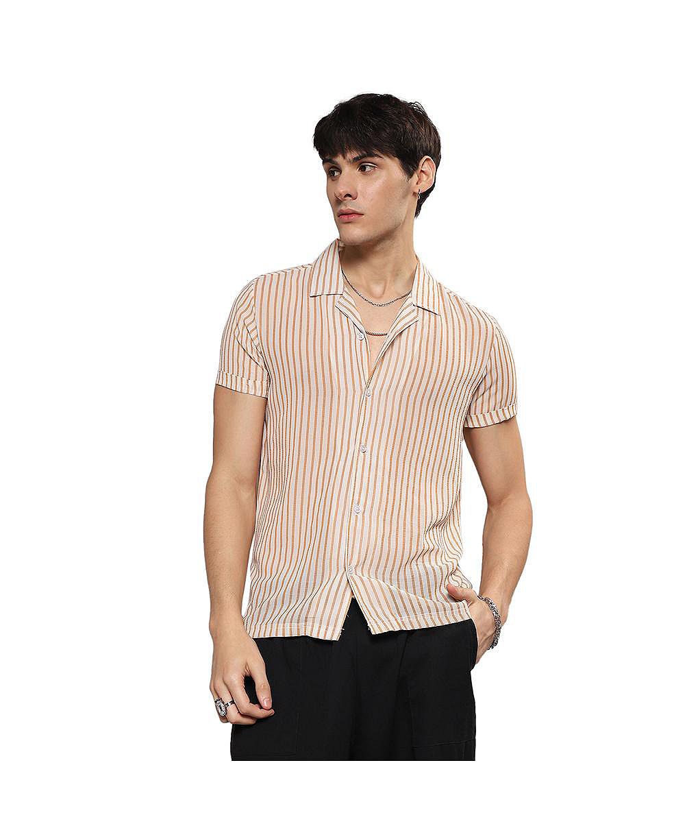 Мужская рубашка Campus Sutra White & Brown Unbalanced Striped Shirt