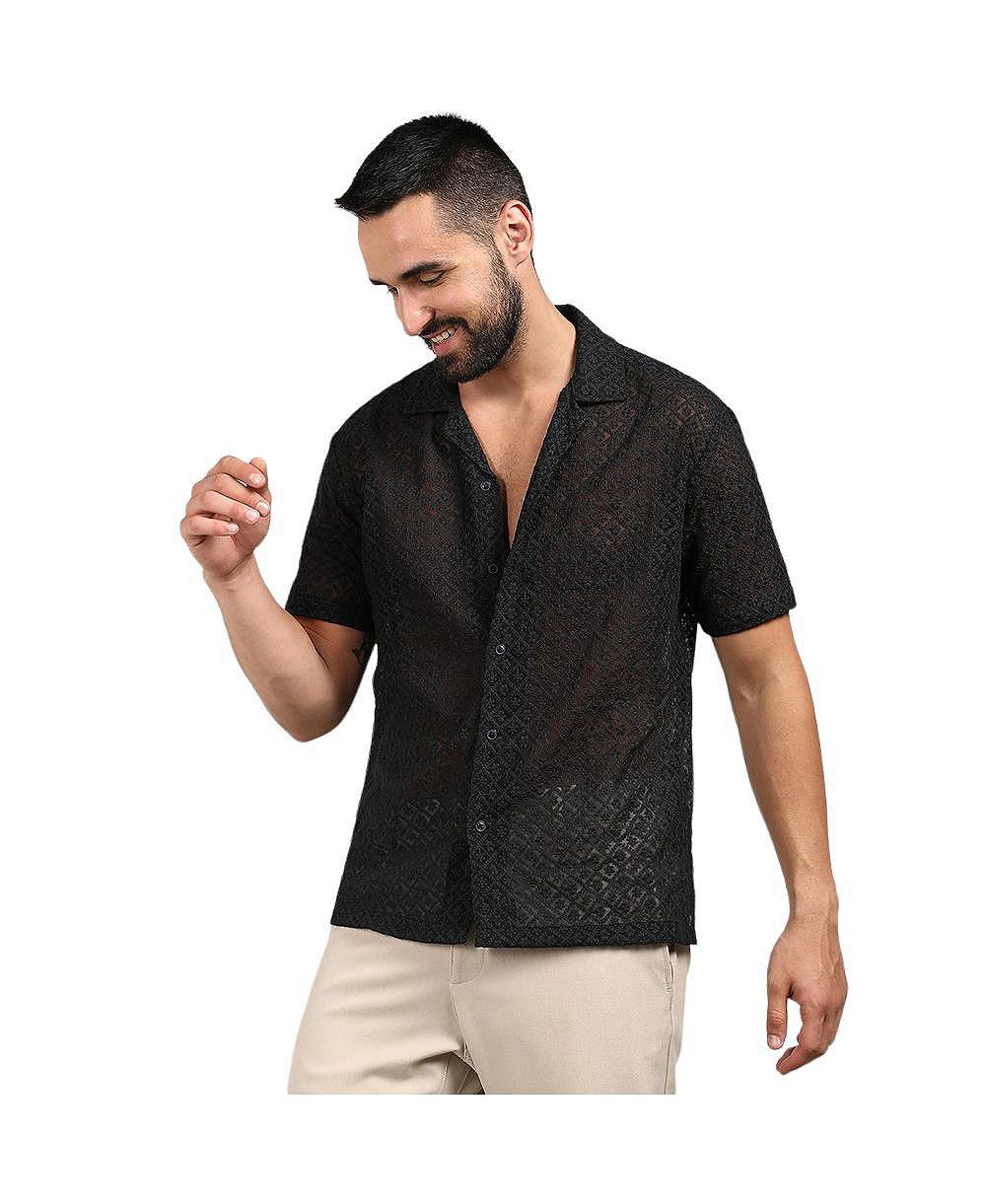 Мужская рубашка Campus Sutra Midnight Black Floral Embroidered