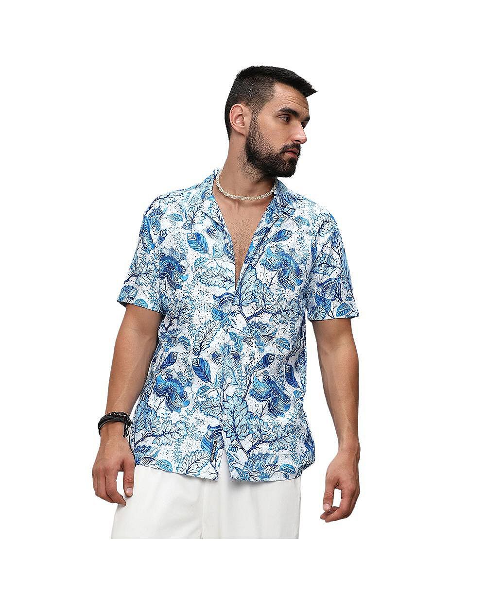 Мужская рубашка Campus Sutra Chalk White:Indigo Blue Mesh Foliage