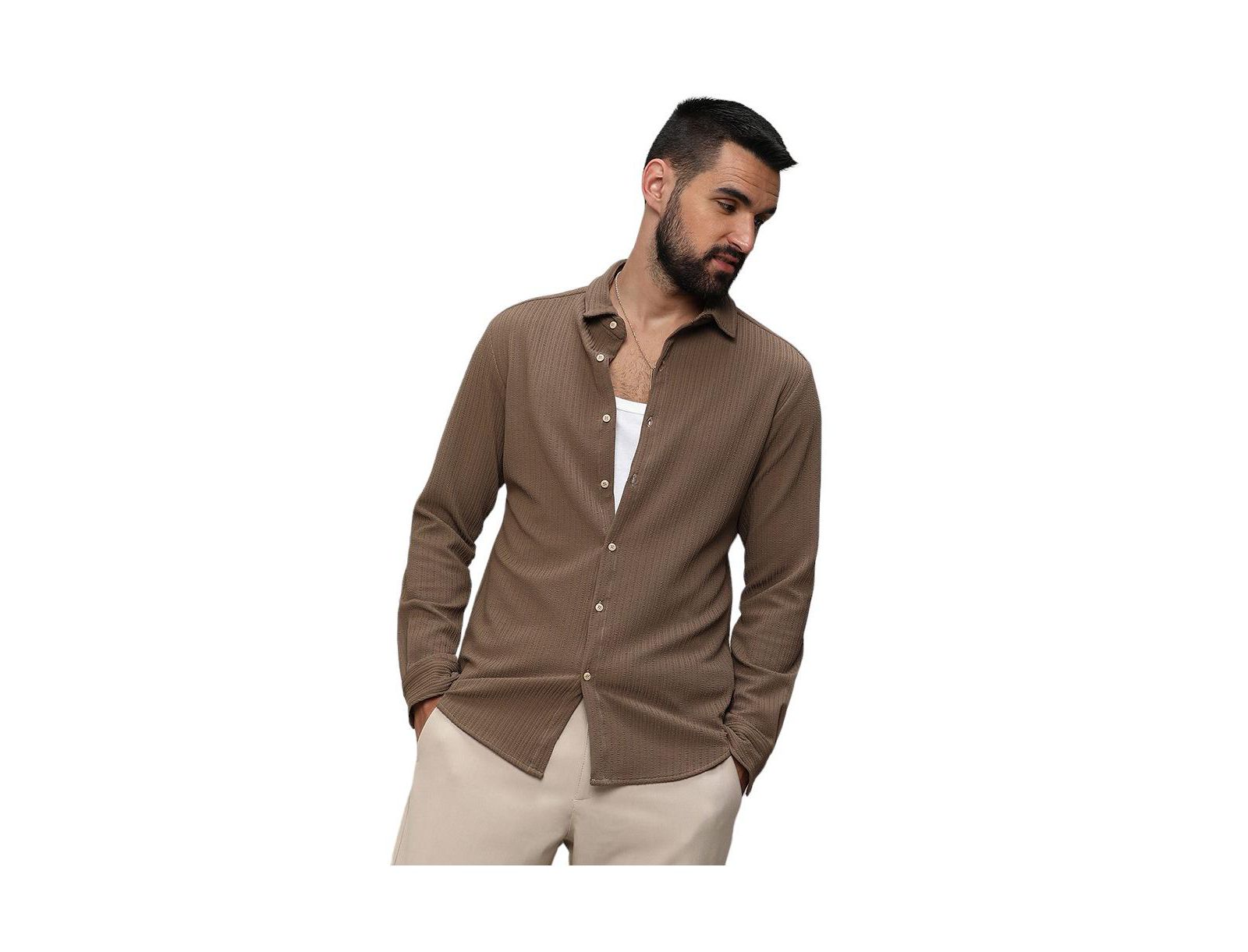 Campus Sutra Men's Tan Brown Stripe-Creased Shirt