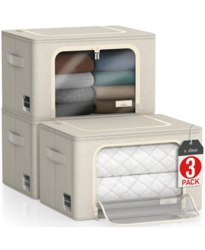 Sorbus 3 Pack Medium Foldable Storage Box - Metal Frame, Oxford Fabric, Large Window & Handles - Organization for Bedroom, Linens & Clothes