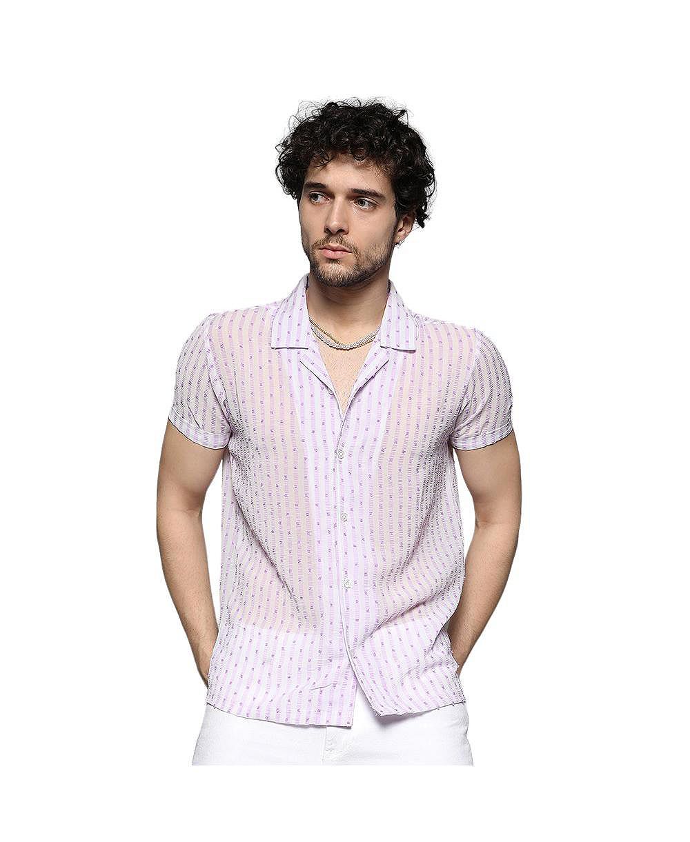 Campus Sutra Men's White & Lavender Balanced Striped Shirt