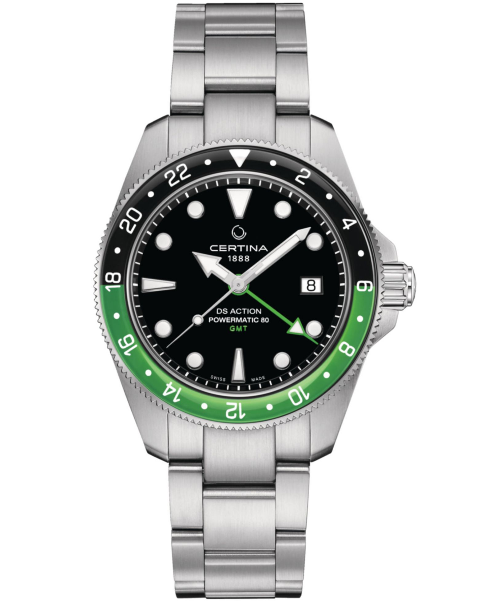 Мужские часы Certina Swiss Automatic DS Action GMT Powermatic 80, стальной браслет 41mm