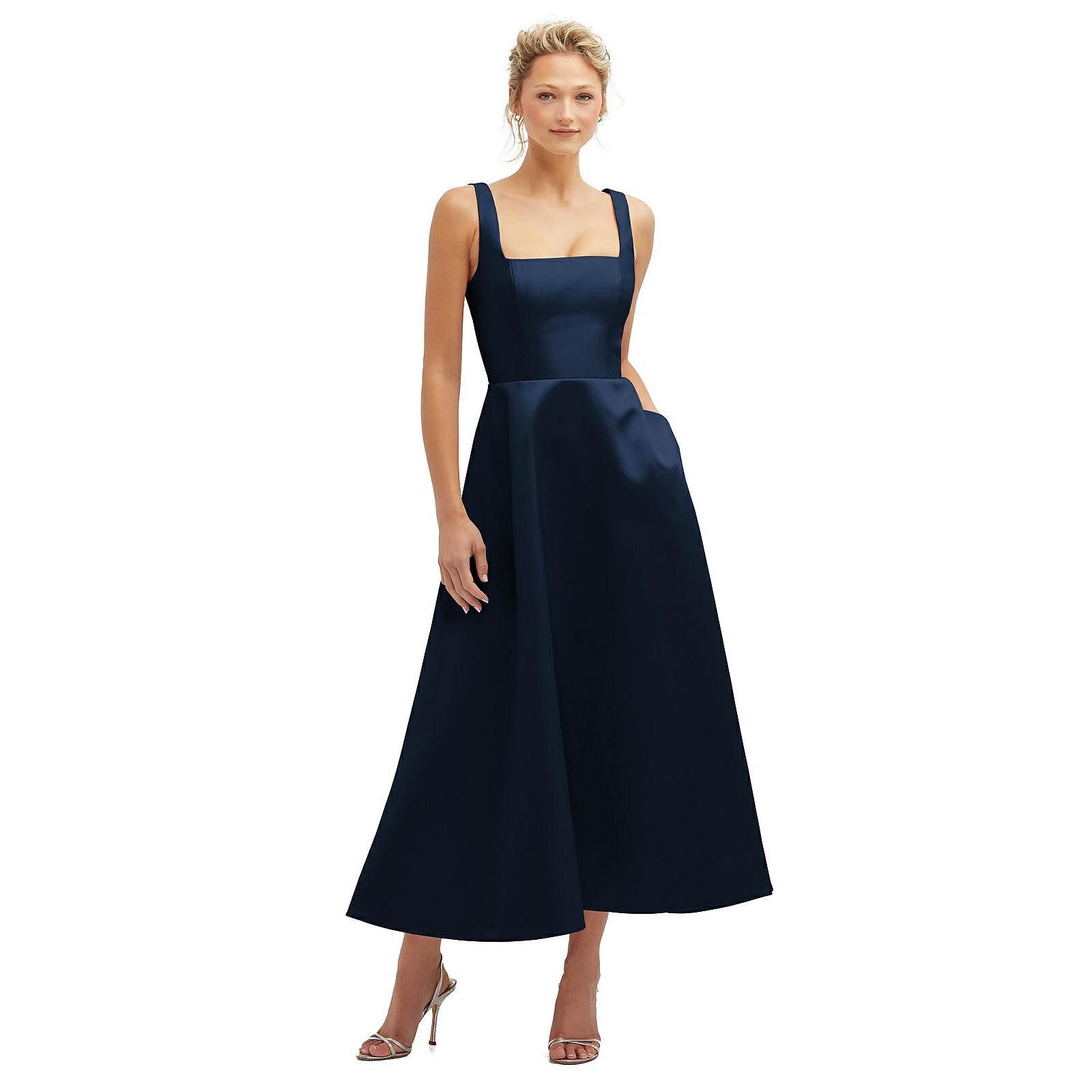 Dessy Collection Women's Square Neck Satin Midi Dress with Full Skirt and Pockets