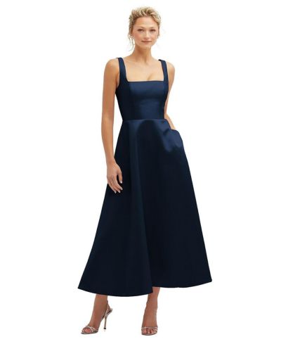 Dessy Collection Women's Square Neck Satin Midi Dress with Full Skirt and Pockets