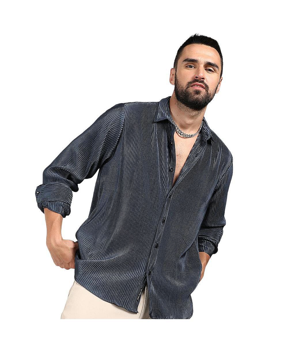 Men's Navy Blue Pleat-Creased Shirt