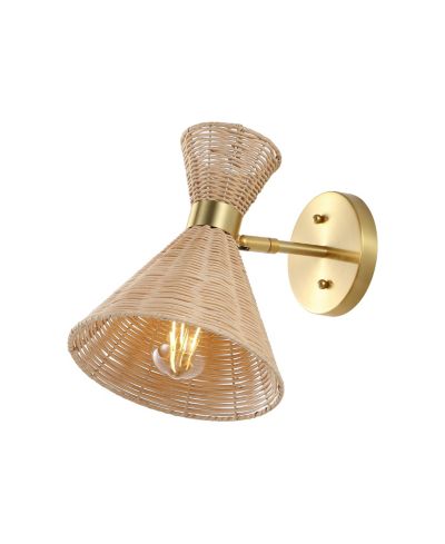 Zoey 10" 1-Light Mid-Century Vintage Retro Rattan/Metal LED Sconce with Adjustable Shade, Light Brown/Brass Gold