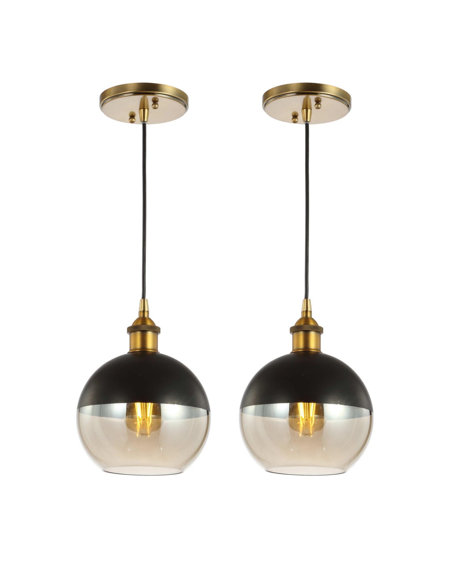 Nixon 7.5" 1-Light Mid-Century Modern Metal/Glass Adjustable Drop Globe LED Pendants, Brass Gold/Black (Set of 2)
