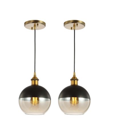 Nixon 7.5" 1-Light Mid-Century Modern Metal/Glass Adjustable Drop Globe LED Pendants, Brass Gold/Black (Set of 2)