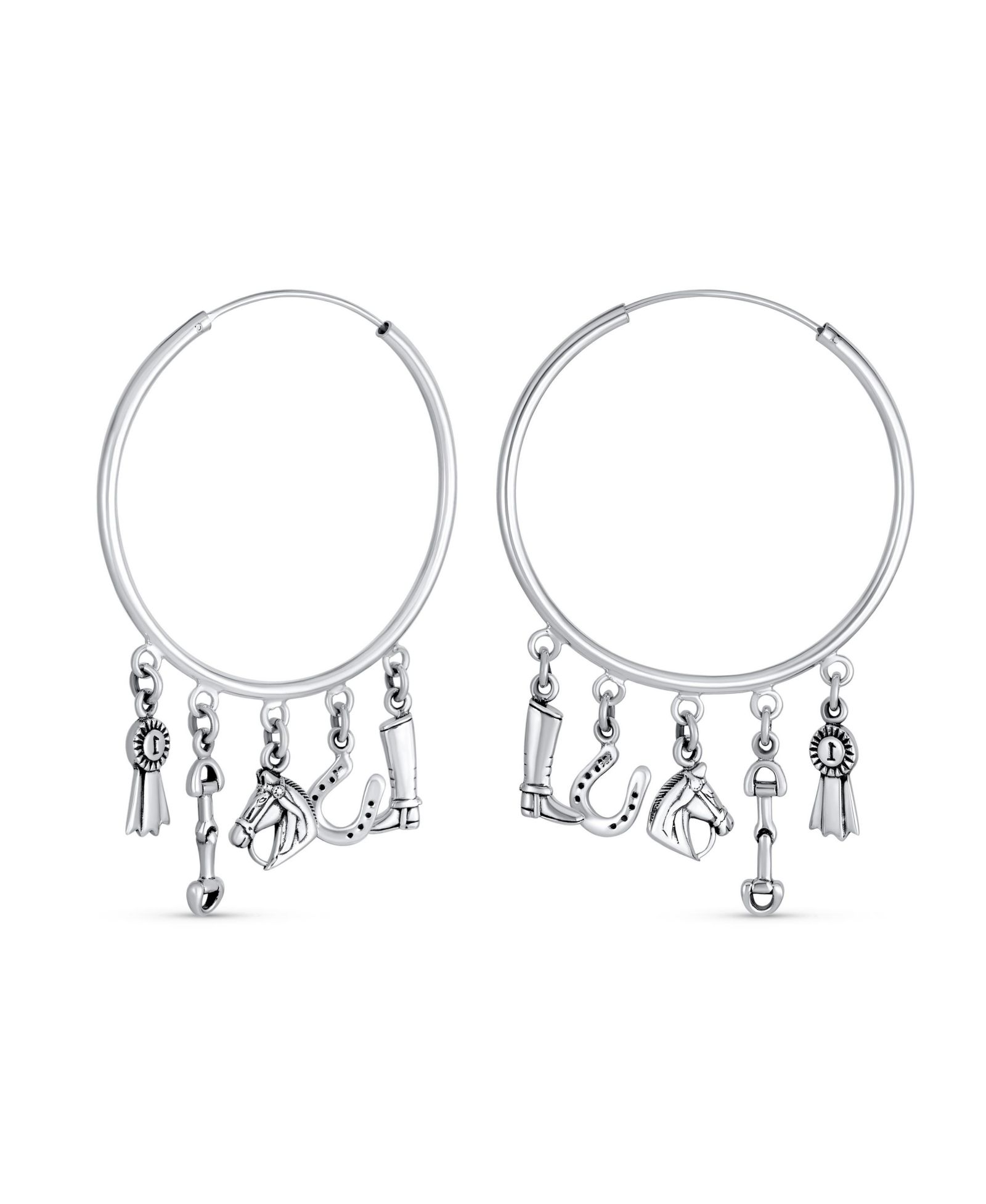 Bling Jewelry Серьги-кольца из стерлингового серебра с подвесками в виде подковы и синей ленты, диаметр 2.5 Inch
