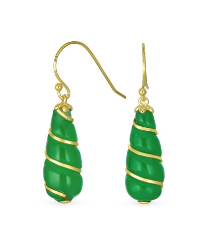 Bling Jewelry Серьги Green Jade Teardrop Twisting Swirl Dangle Gold Sterling Silver
