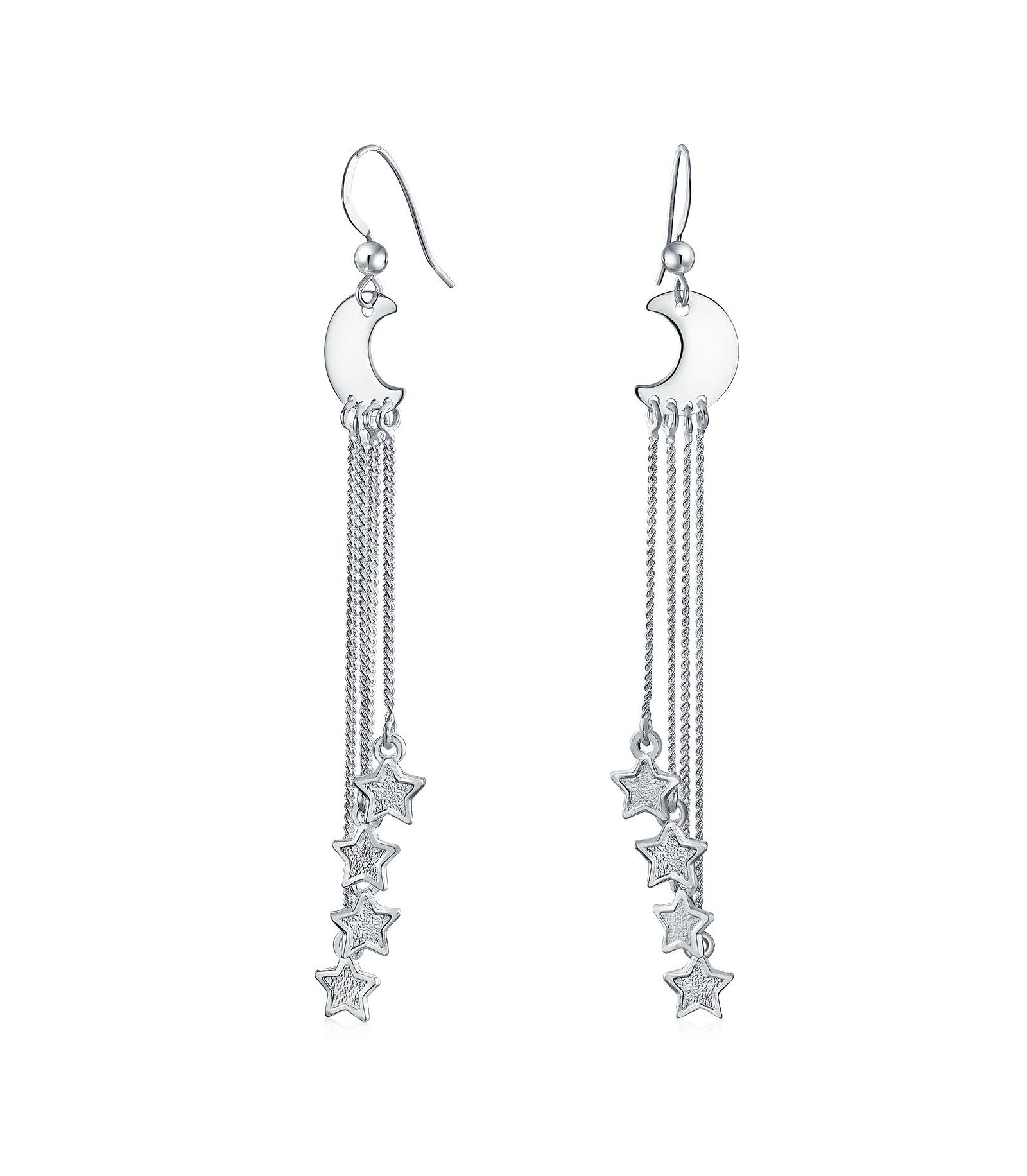 Bling Jewelry Celestial Crescent Moon 3 Stars Dangle Earrings Multi Chain Sterling Silver