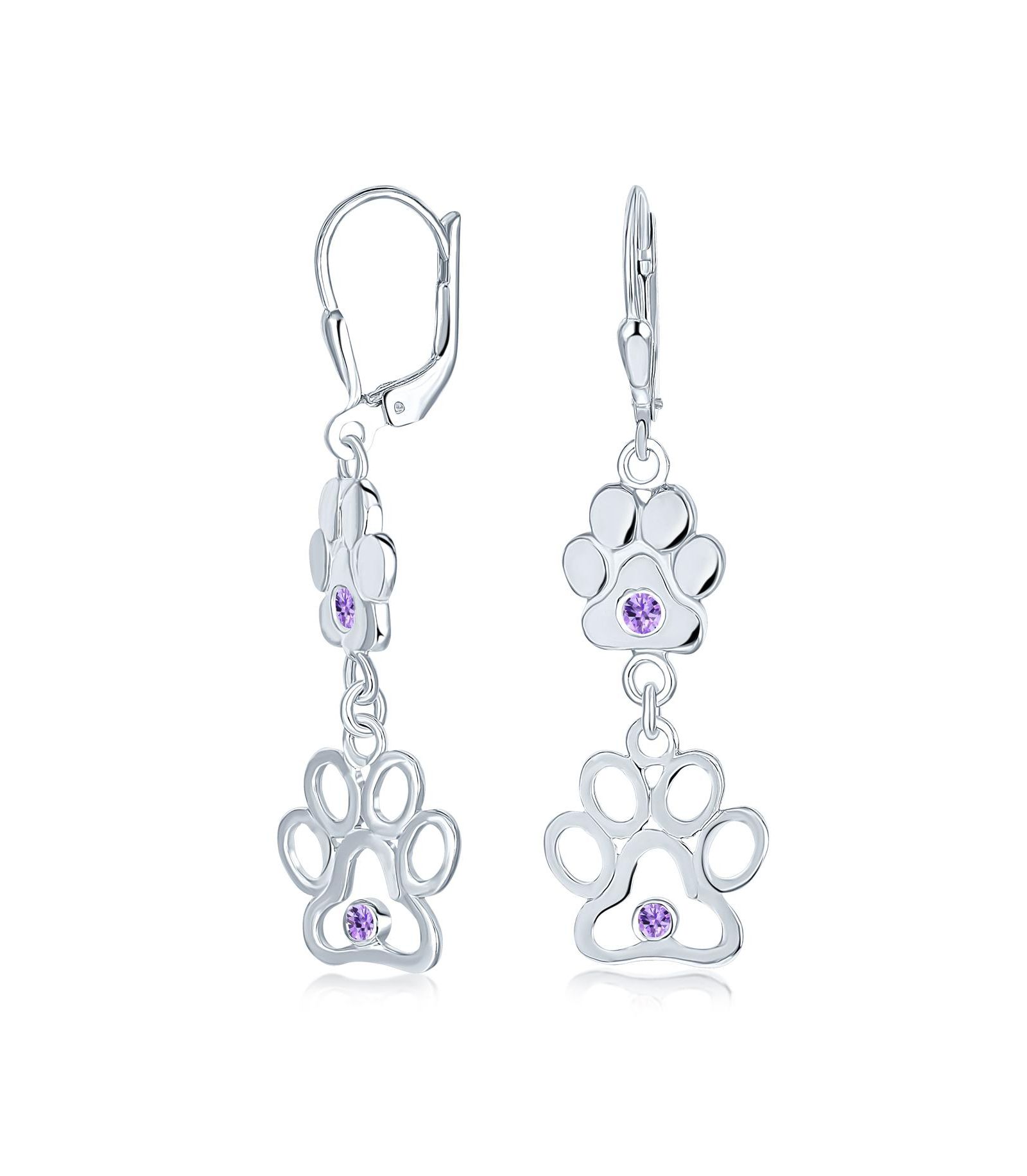 Серьги Bling Jewelry Animal Paw Print Dangle Stud Purple CZ Sterling Silver Leverback