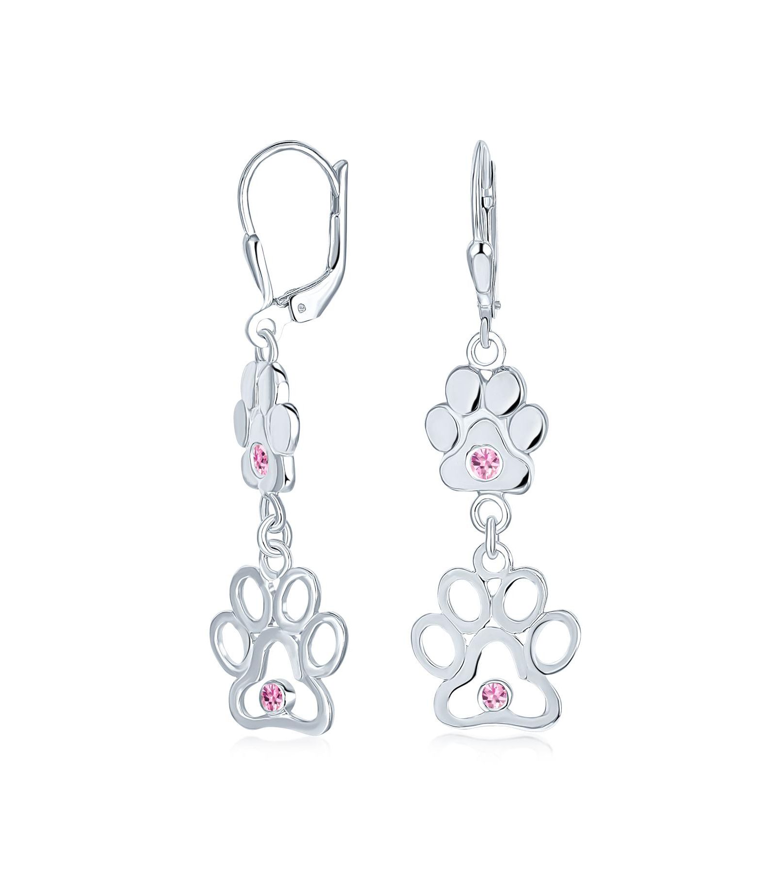 Bling Jewelry Animal Paw Print Dangle Stud Earrings Purple CZ Sterling Silver Leverback