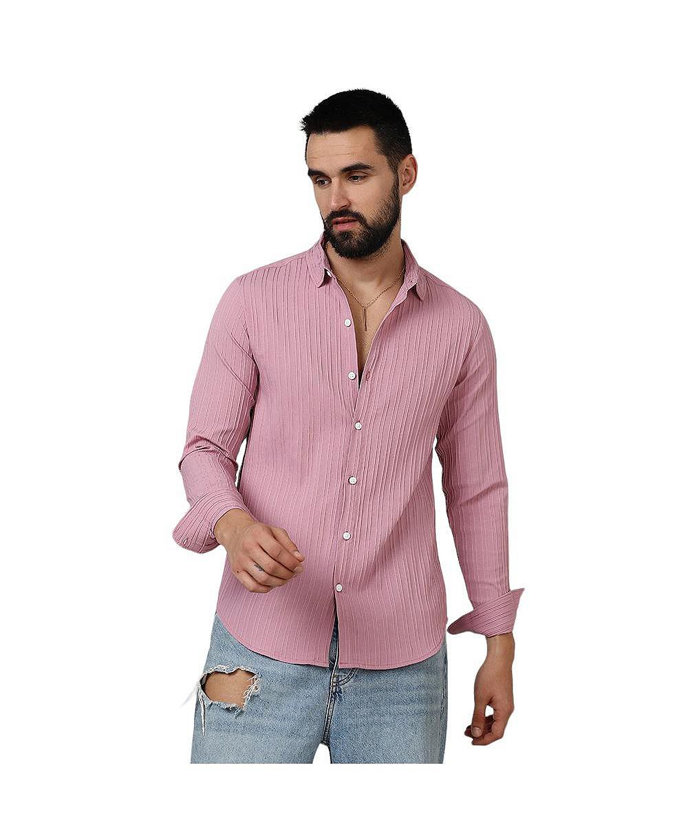 Campus Sutra Men's Salmon Pink Self-Design Striped Shirt
