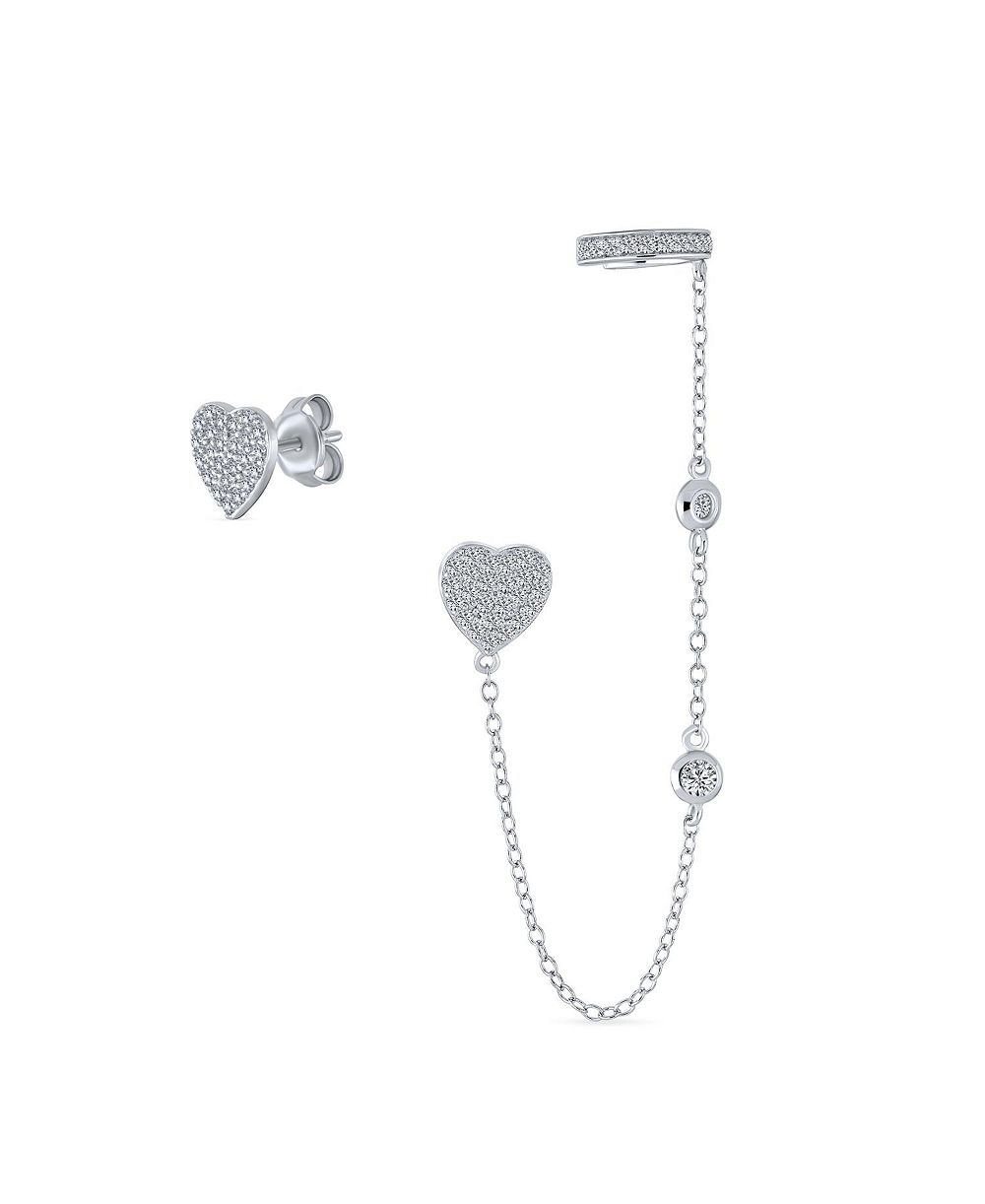 Bling Jewelry серьги-кафф и гвоздики с сердечком из серебра 925 с камнями CZ