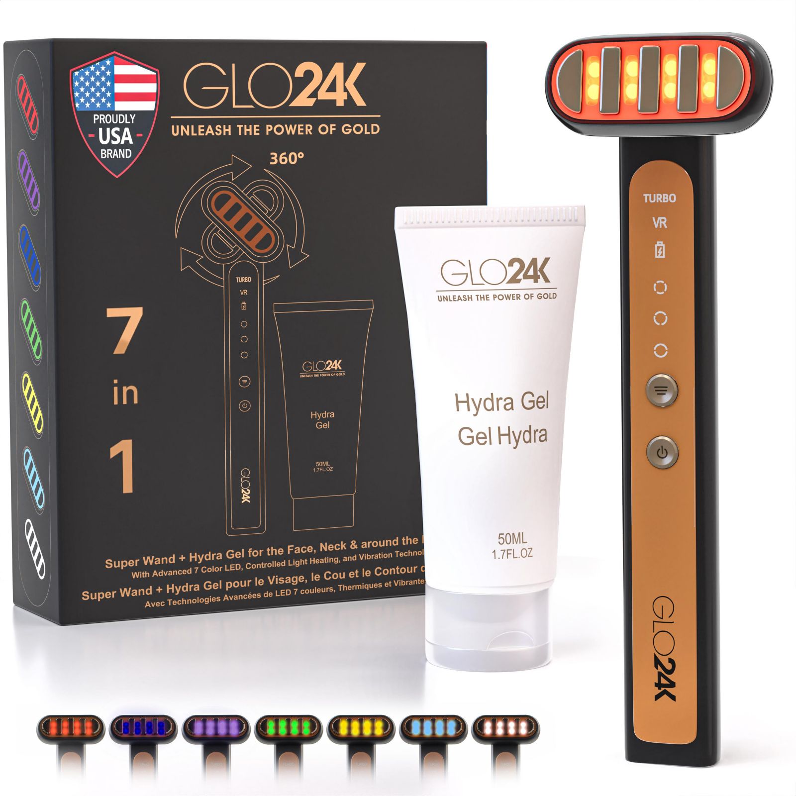 GLO24K Super Wand + Hydra Gel for the Face, Neck & around the Eyes с LED 7 Color, Controlled Light Heating, and Vibration Technologies