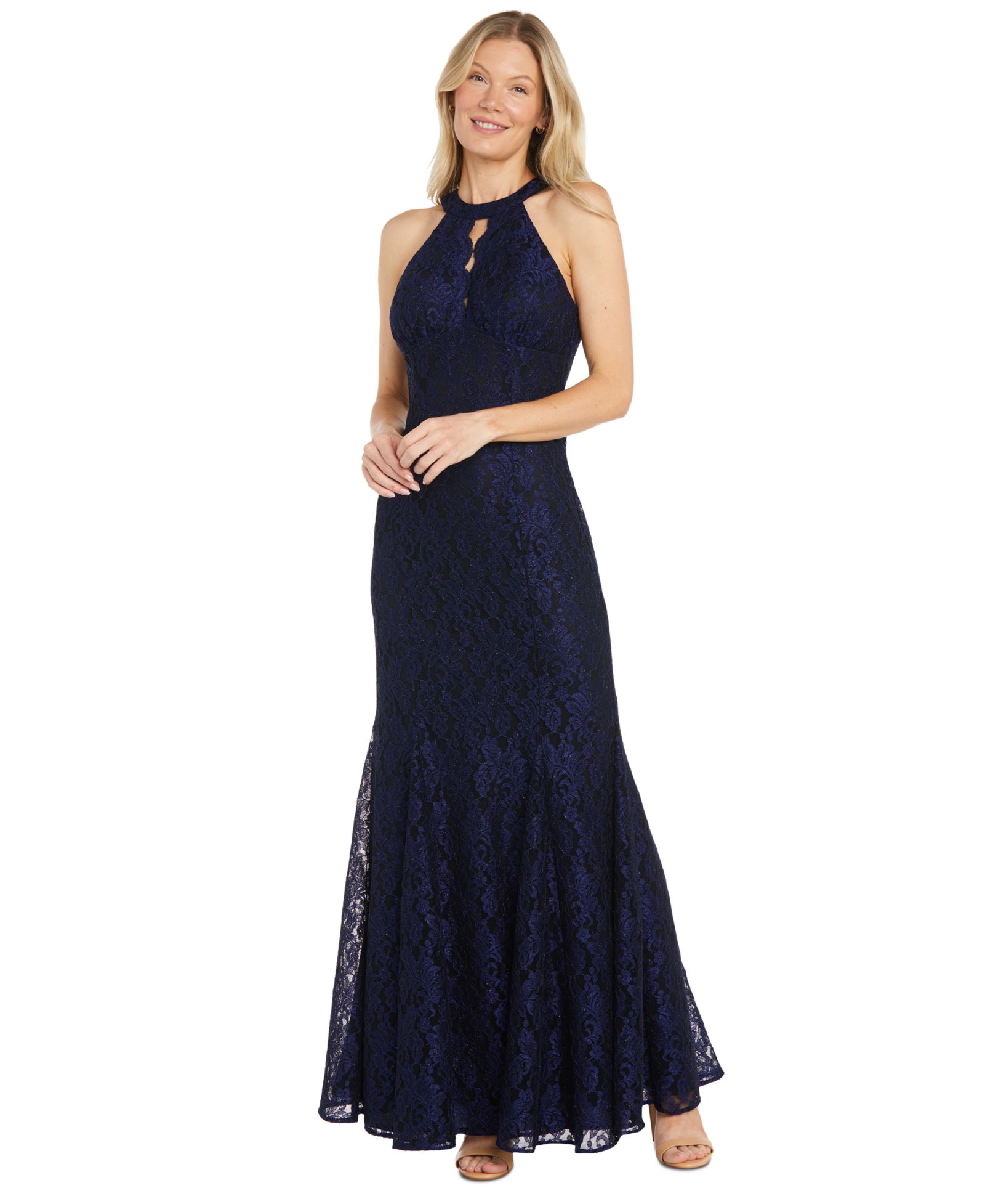 R & M Richards Women's Glitter Lace Halter Gown
