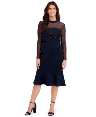 Платье миди London Times Petite Beaded Illusion Mock-Neck