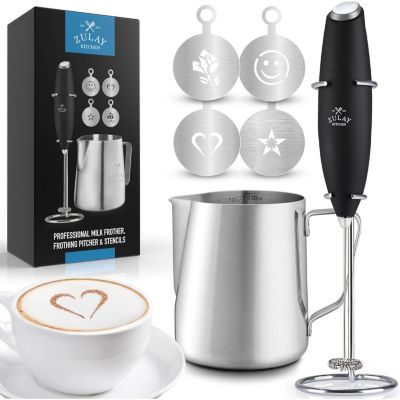Zulay Kitchen Premium Milk Frother Set Handheld with Pitcher & Stencils