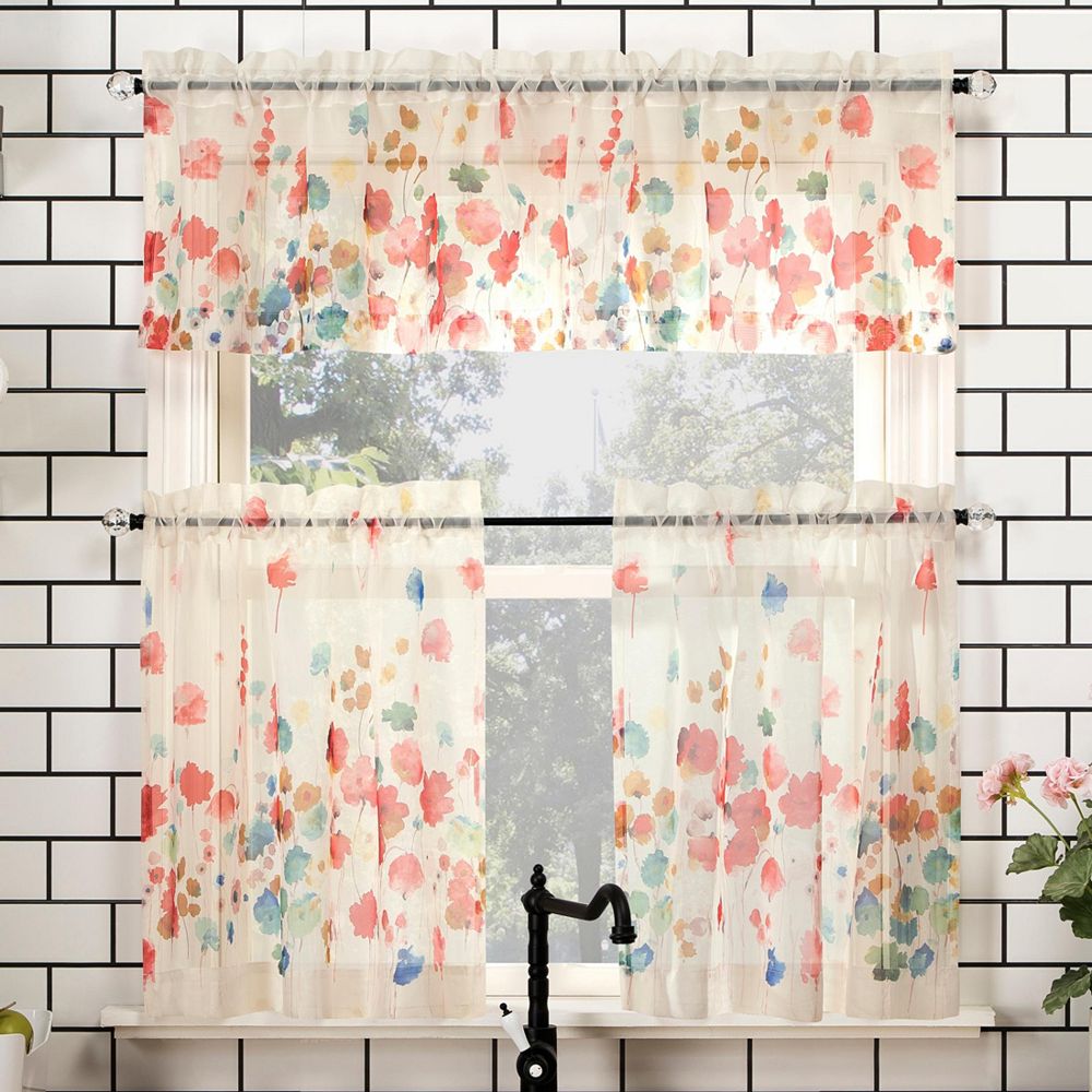 Комплект кухонных занавесок No. 918 Rosalind Watercolor Floral Semi-Sheer Rod Pocket