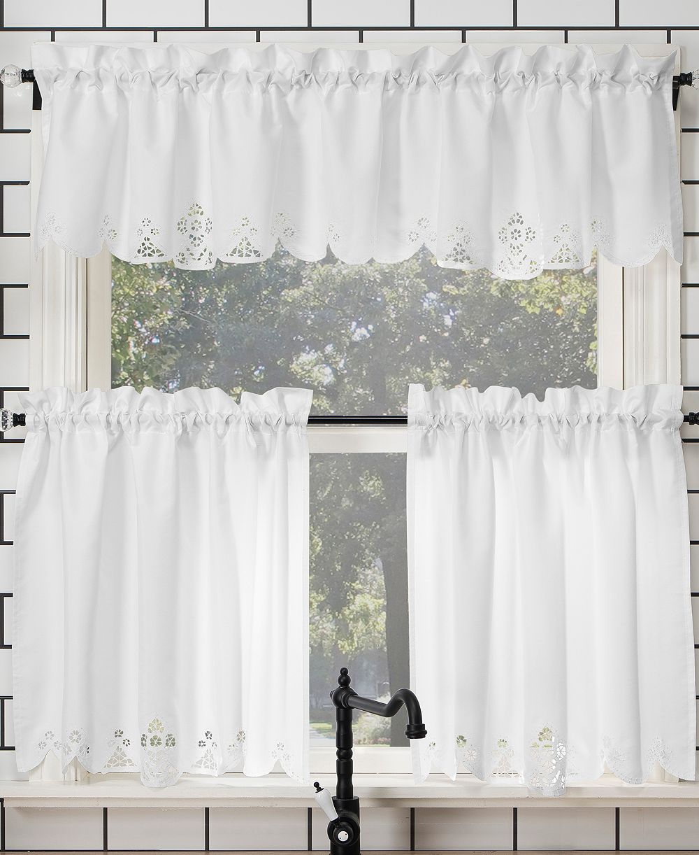 Mariela Floral Trim Semi-Sheer Rod Pocket Kitchen Curtain Valance and Tiers Set