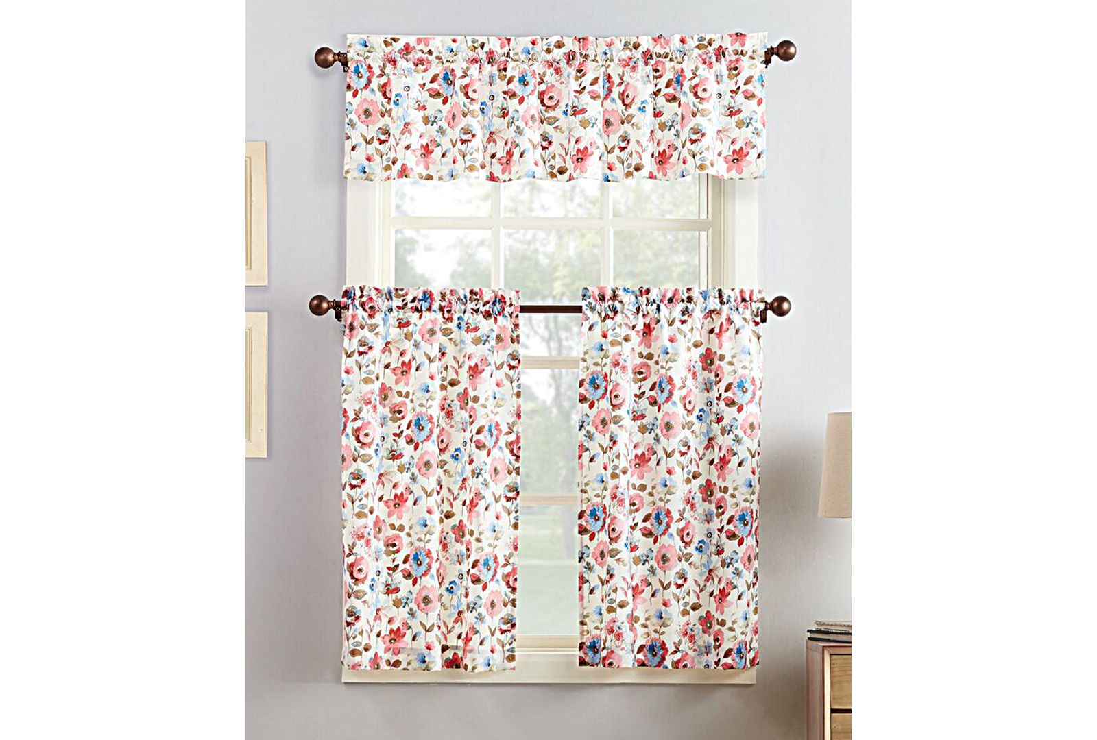 Deana Floral Semi-Sheer Rod Pocket Kitchen Curtain Set