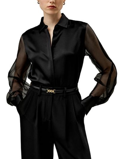 LILYSILK Women's Ethereal Crisp Sheer Sleeves Regular Fit Silk Shirt