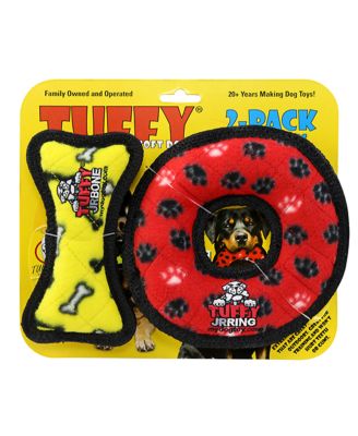 Tuffy Jr Bone Yellow and Ring Red Paw 2 Pack, Dog Toy