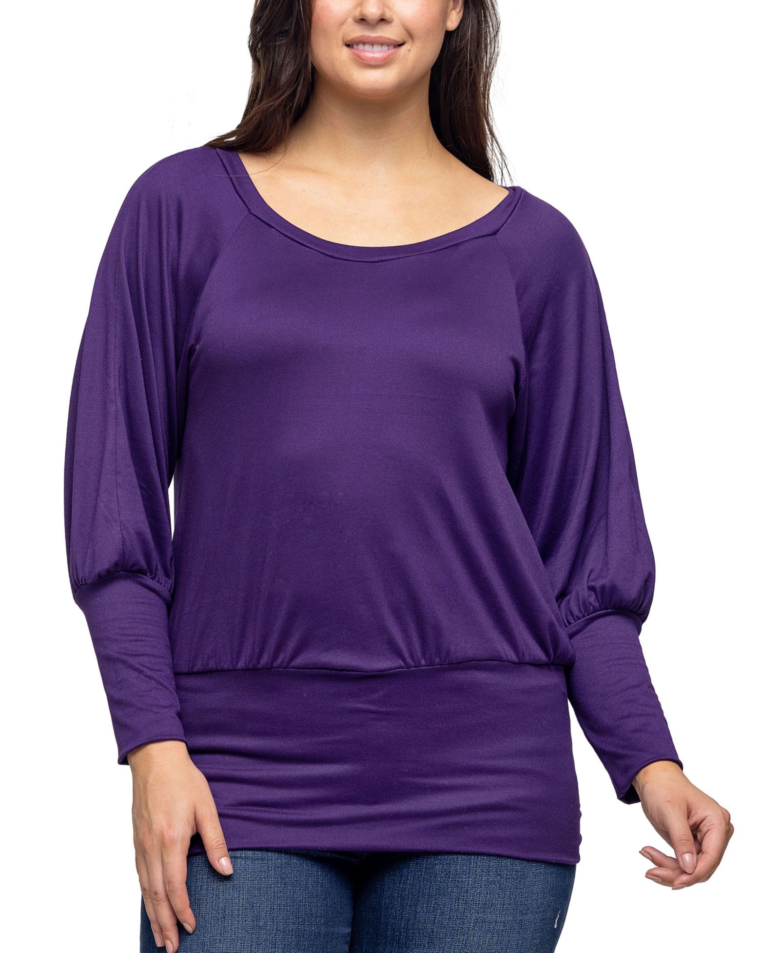 24seven Comfort Apparel Women's Round Neck Long Sleeve Banded Bottom Top