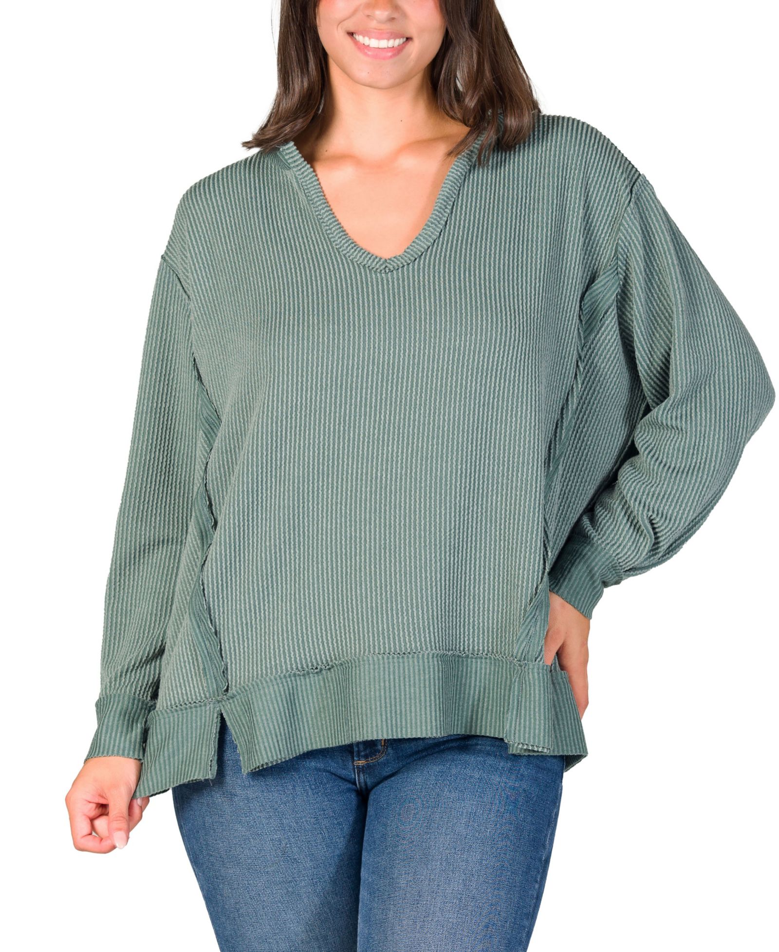 Женский джемпер 24seven Comfort Apparel Relaxed Fit Ribbed Knit V Neck Sweatshirt Top