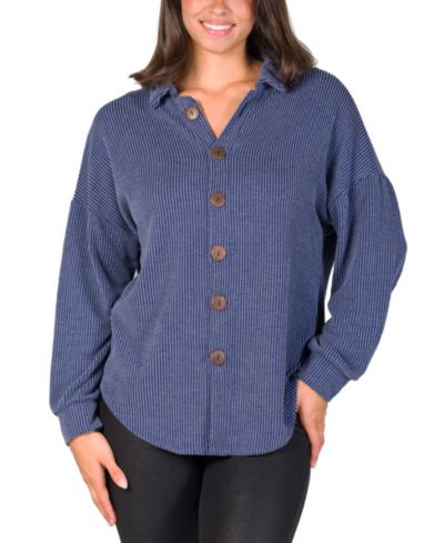 24seven Comfort Apparel Women's Ribbed Button Up Long Sleeve Collared Shirt Jacket
