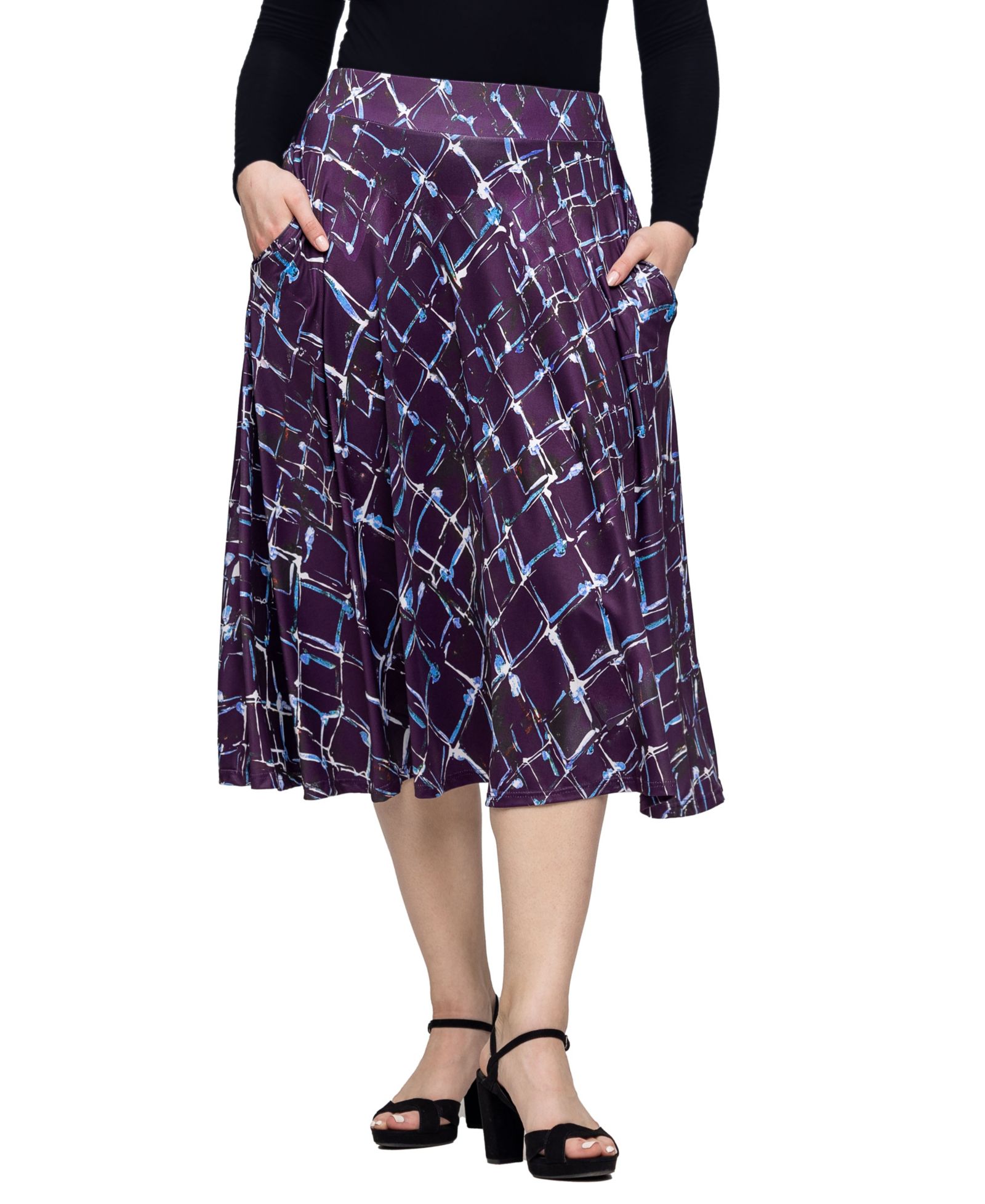 24seven Comfort Apparel Women's Purple Print Elastic Waist Pocket Midi Skirt