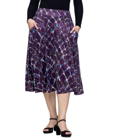 24seven Comfort Apparel Women's Purple Print Elastic Waist Pocket Midi Skirt