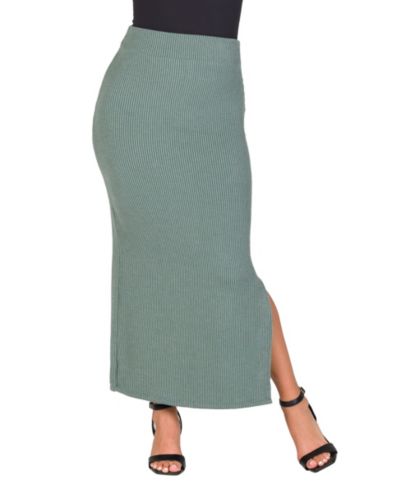 24seven Comfort Apparel Women's Ribbed Knit Side Slit Elastic Waist Maxi Skirt